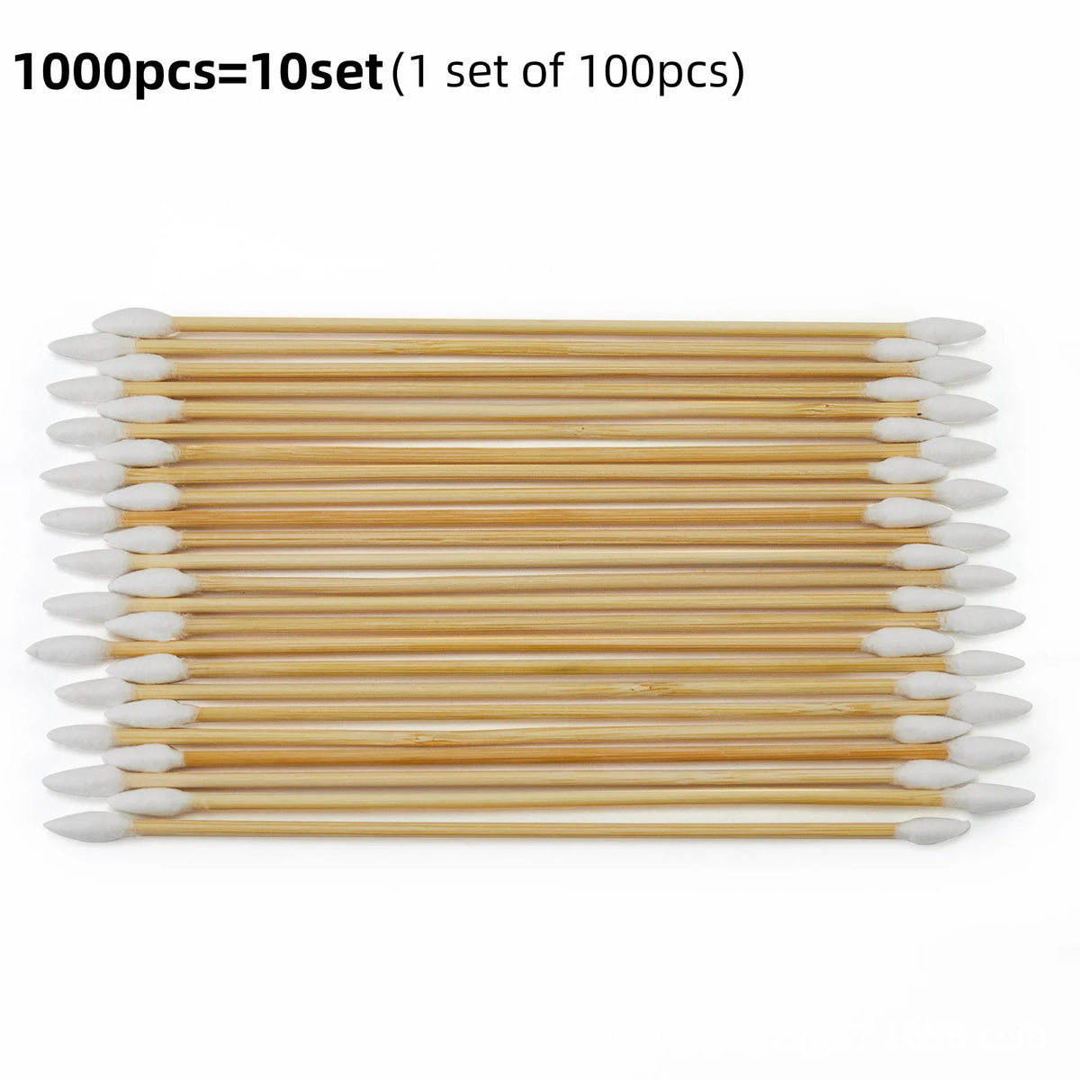 A set of 100 precision wooden cotton swabs arranged in a row.