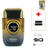 A Kemel KM-T228 professional cordless electric shaver with a gold and black finish and accessories.