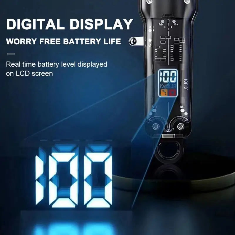 A close-up of a professional cordless hair clipper and beard trimmer showing a digital display with a battery level indicator
