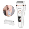 A white electric device for body and facial hair removal shown with its components.