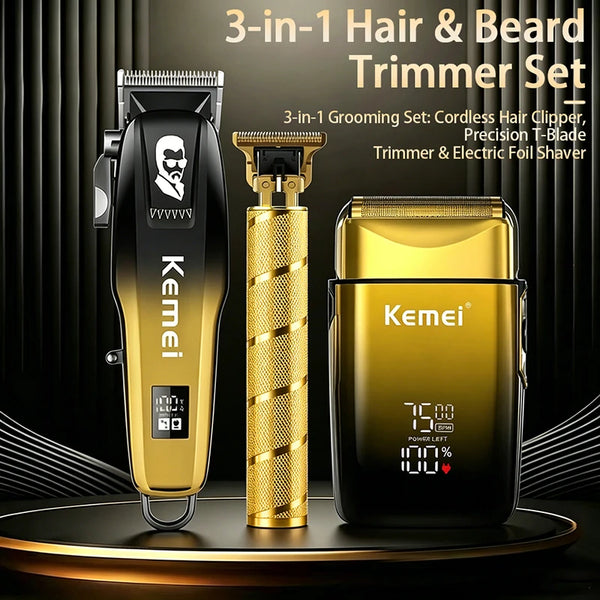 Kit de coiffure 3-en-1 comprenant une tondeuse sans fil, un coupe-forme de précision et un rasoir électrique