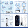 A white portable dental water flosser with a power button and various nozzles is shown alongside its components.
