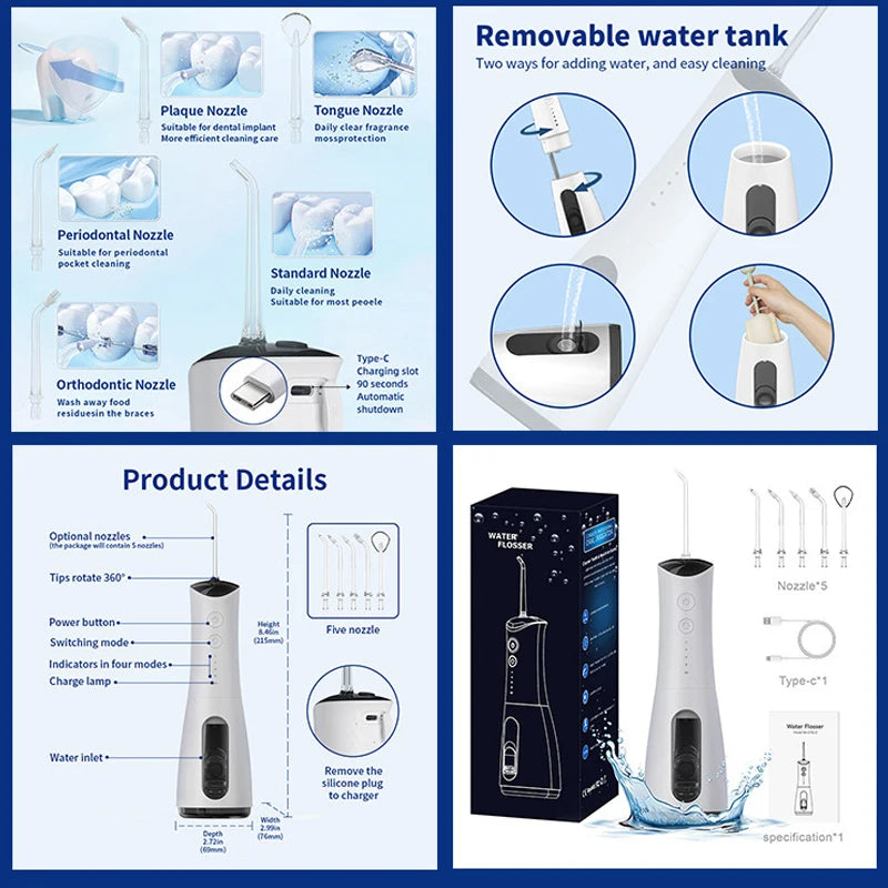 A white portable dental water flosser with a power button and various nozzles is shown alongside its components.