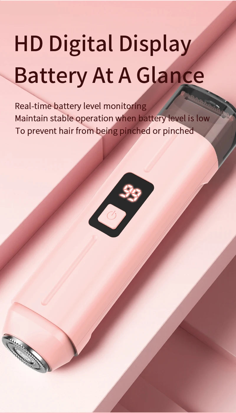 Afeitadora eléctrica rosa con display digital que muestra el 99% de batería.