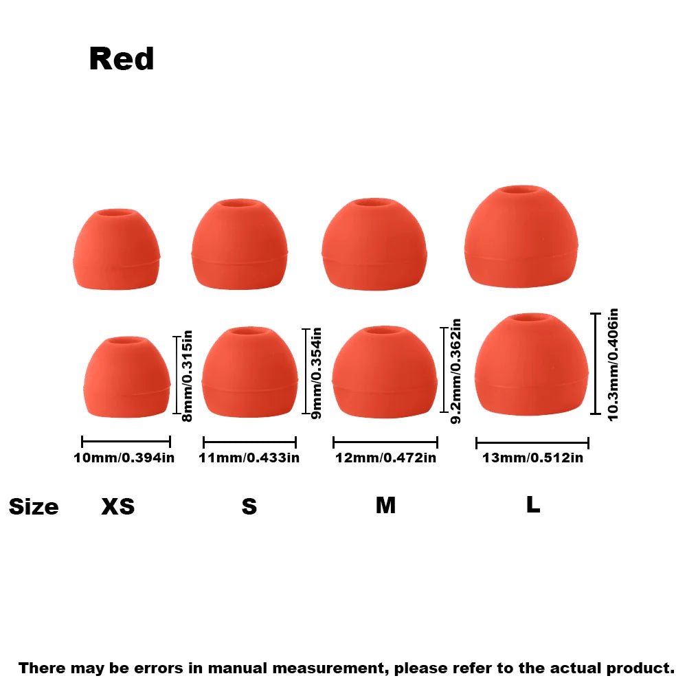 A set of red silicone earplugs in various sizes XS to L are displayed.