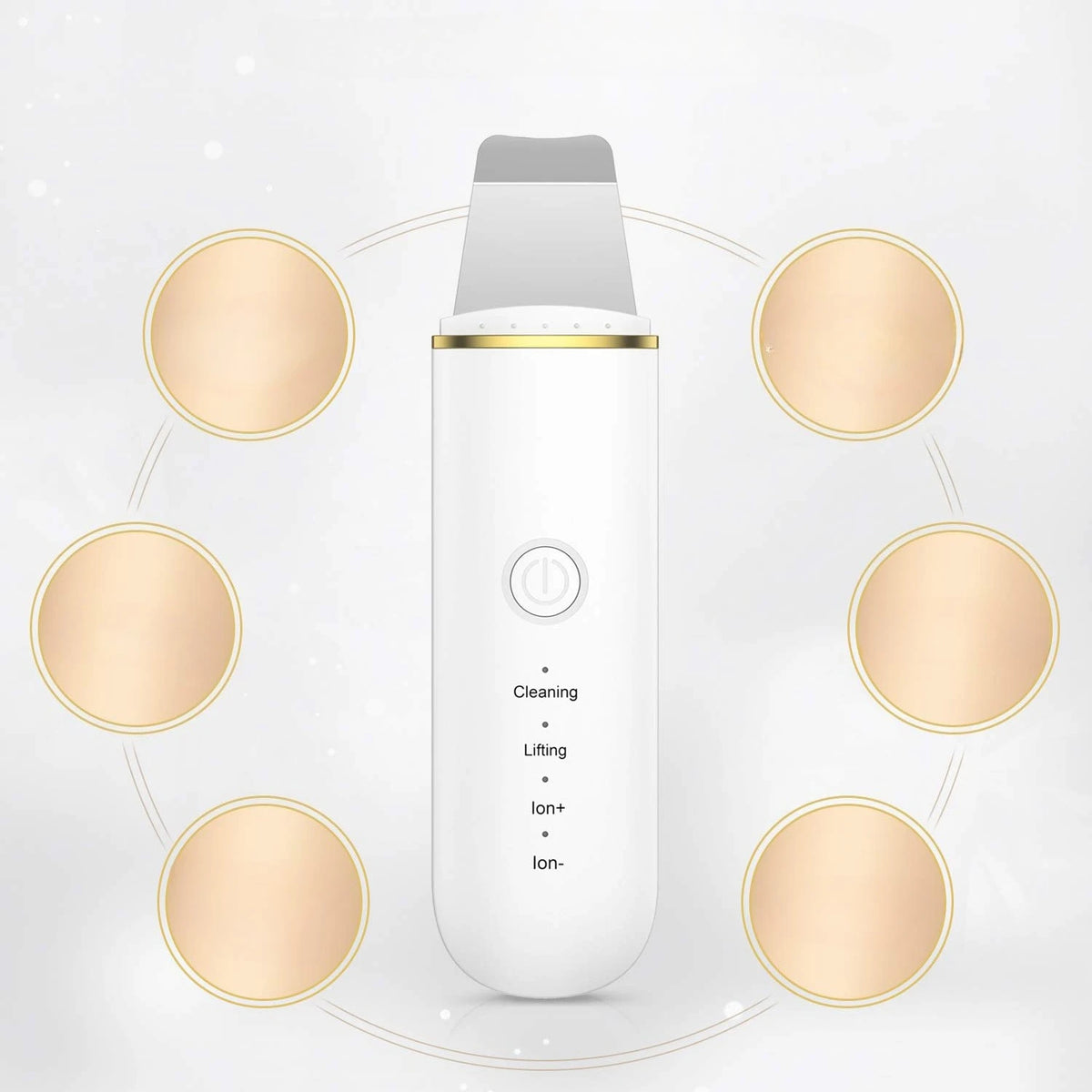 A white ion cleansing device with a silver top is shown surrounded by circular arrows indicating its functions.