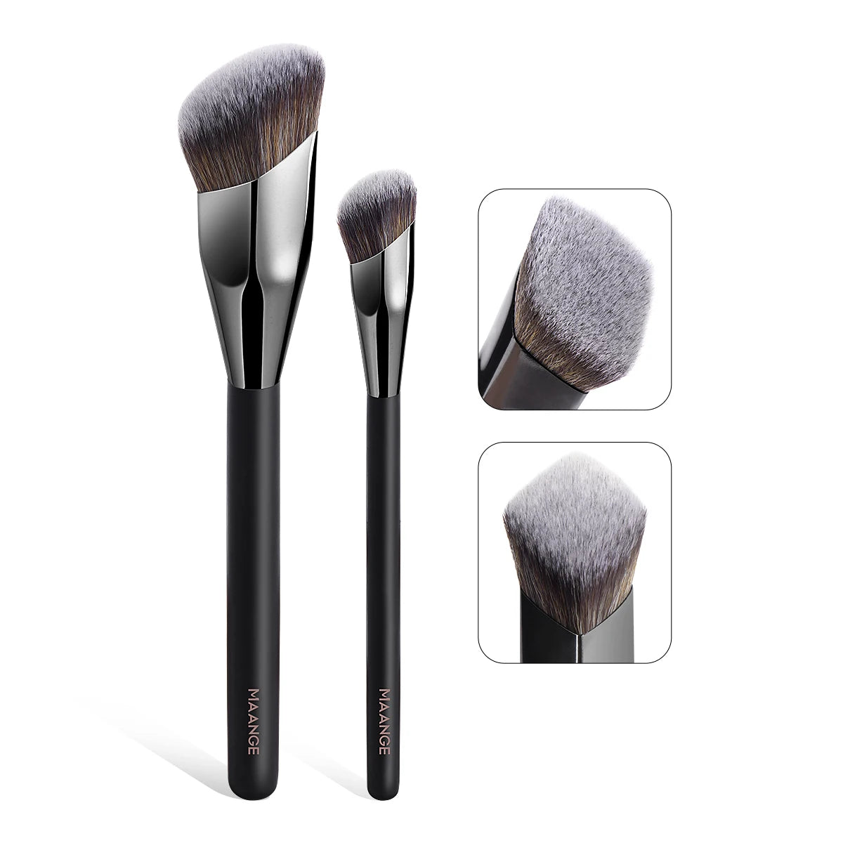 A set of three black makeup brushes shown in various angles for professional application.