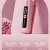 A pink portable hair straightener with a digital display showing 220 degrees, demonstrating different heat settings for vario