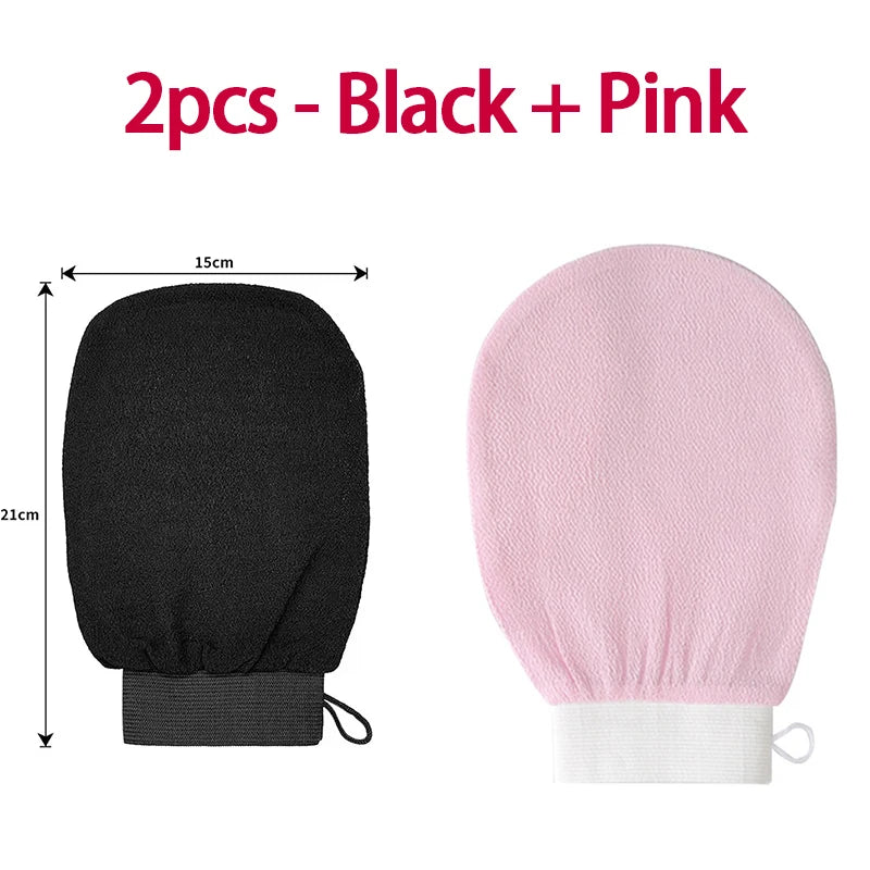Two exfoliating body scrubbing gloves in black and pink shown side by side.