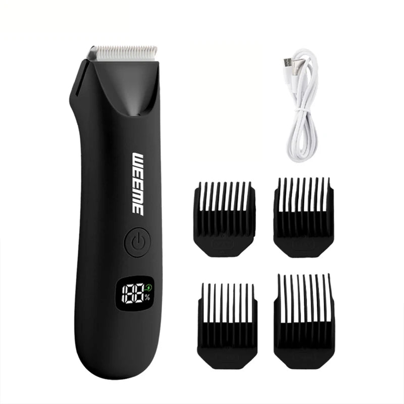 A black precision LED hair removal trimmer with a detachable head and charging cable.