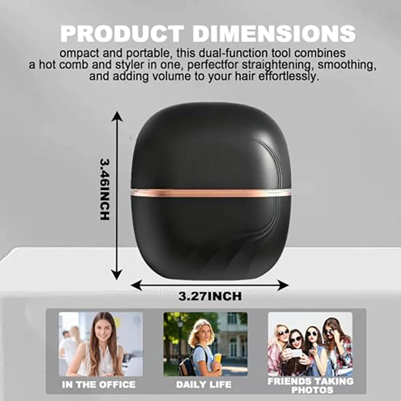 A black mini cordless hair straightener and styler tool shown with dimensions and usage contexts.