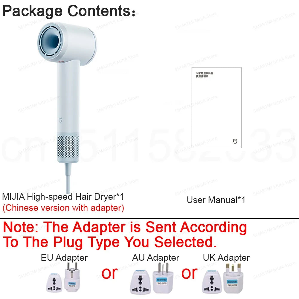 A white MIJIA high-speed hair dryer with an adapter shown next to its user manual.