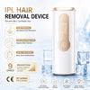 A white IPL hair removal device with a gold accent, shown next to ice cubes and various features.