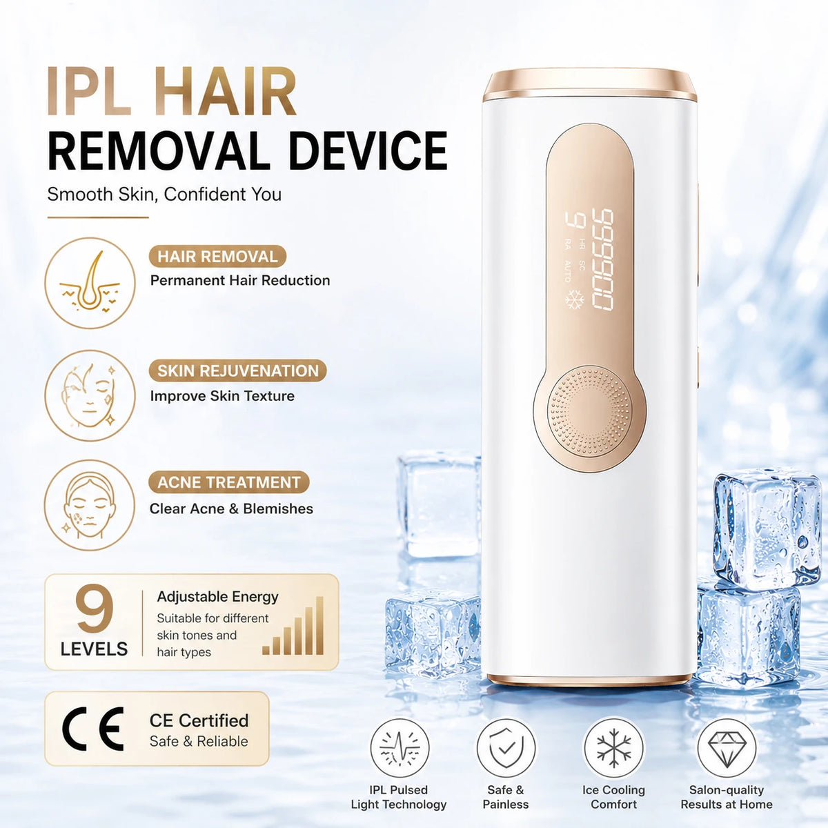 A white IPL hair removal device with a gold accent, shown next to ice cubes and various features.