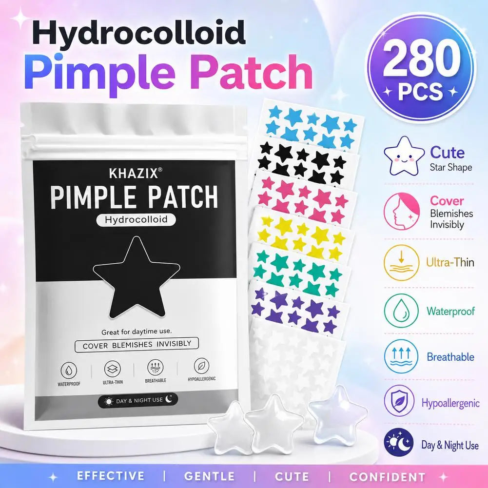 Pack of 280 star-shaped hydrocolloid pimple patches in various colors for acne treatment