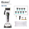 A white Kemei KM-1593 professional electric hair clipper with various attachments and a silicone cleaning cover.
