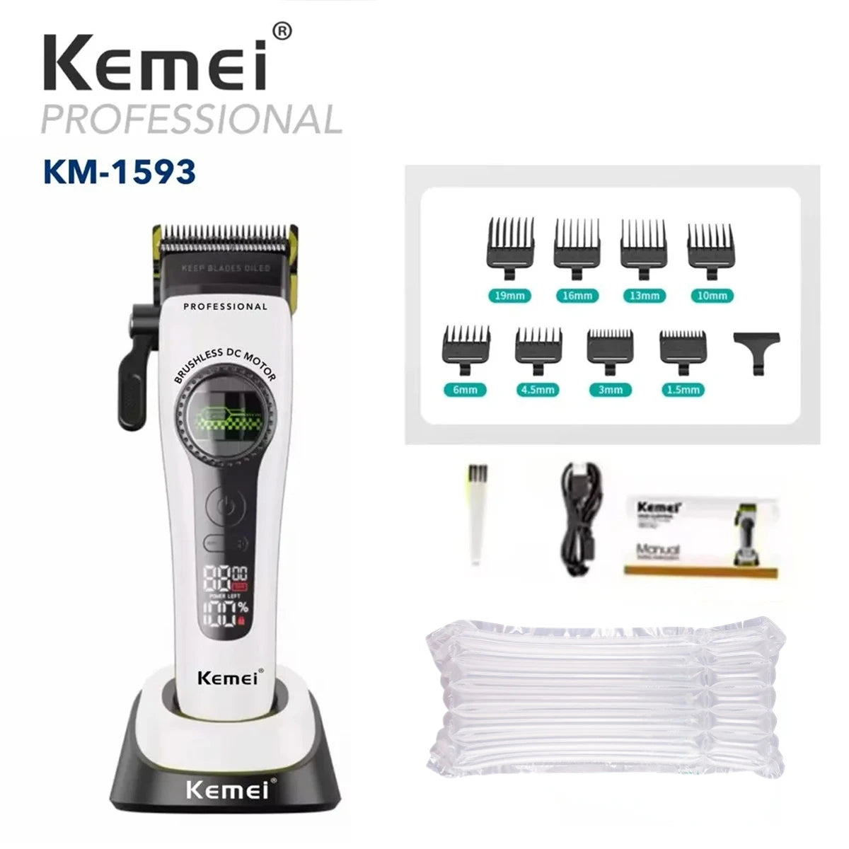 A white Kemei KM-1593 professional electric hair clipper with various attachments and a silicone cleaning cover.