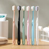 A set of five soft bristle toothbrushes in various pastel colors, including pink, black, mint green, and light blue, displaye