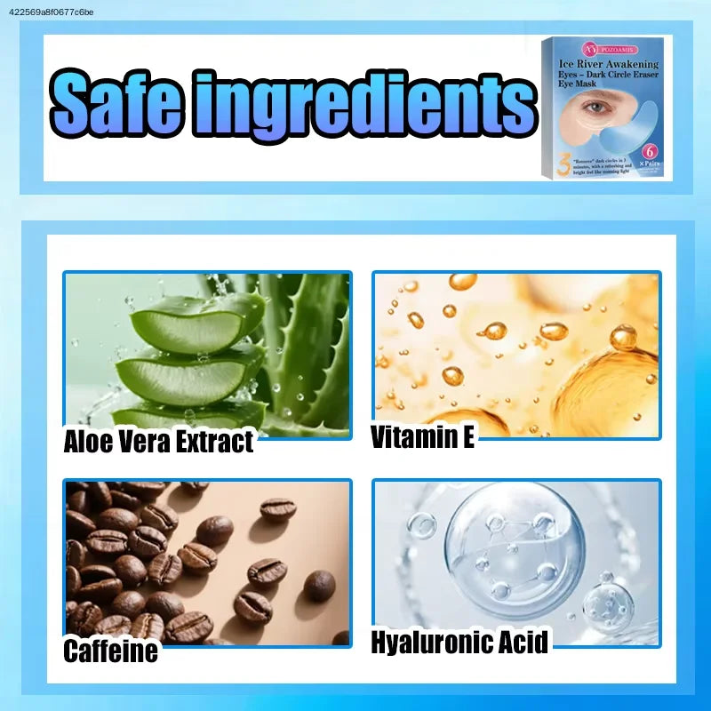 A collection of ingredients including Aloe Vera Extract, Vitamin E, Caffeine, and Hyaluronic Acid for moisturizing eye masks.