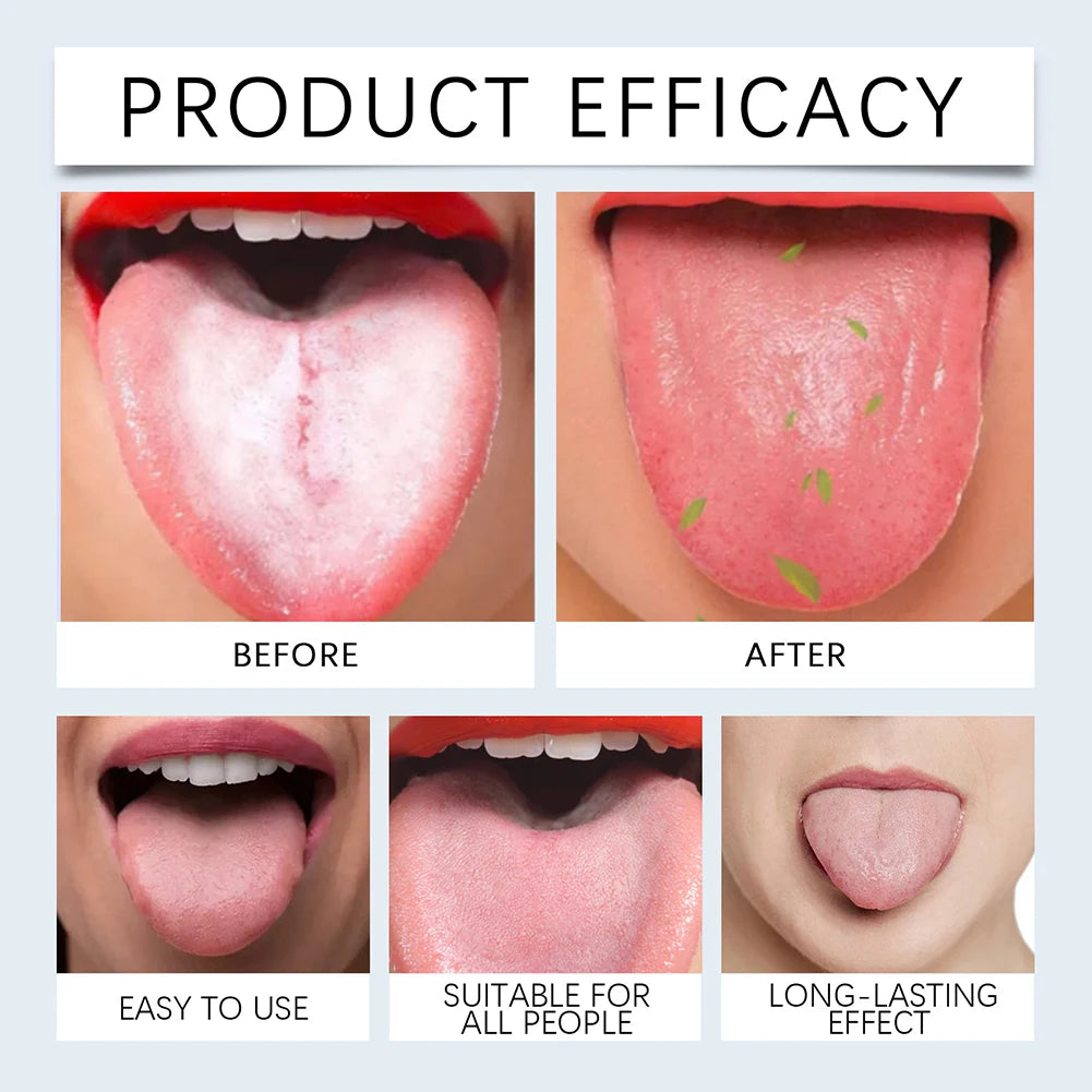 Before and after images showing the efficacy of a tongue cleaning product for fresh breath