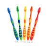 A set of five children's dental toothbrushes in dark blue, green, yellow, orange, and red.