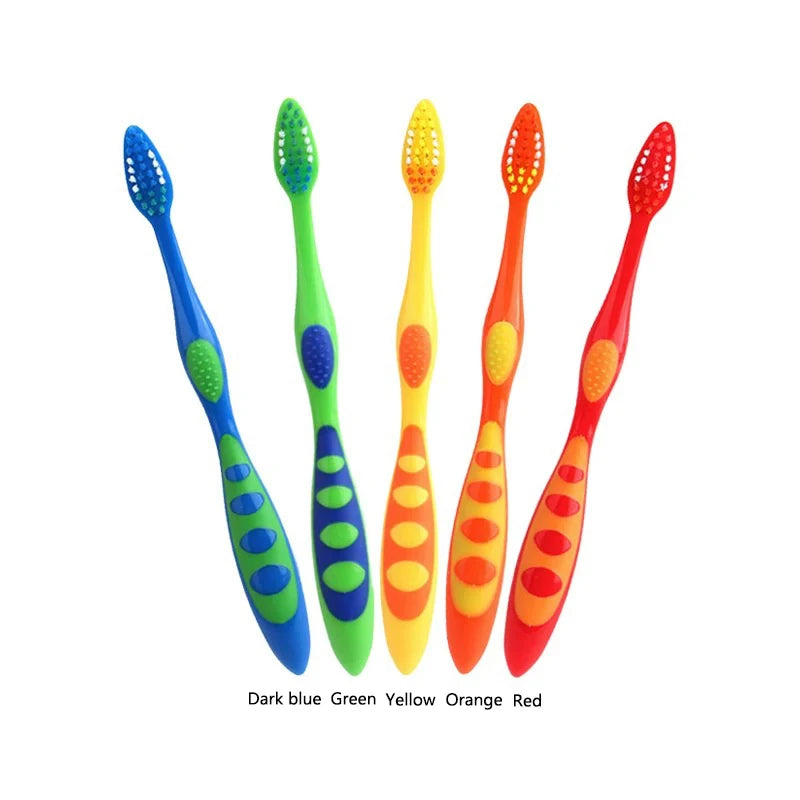 A set of five children's dental toothbrushes in dark blue, green, yellow, orange, and red.