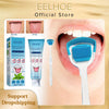 Kit de limpieza de lengua EELHOE mostrando resultados antes y después con raspador y gel