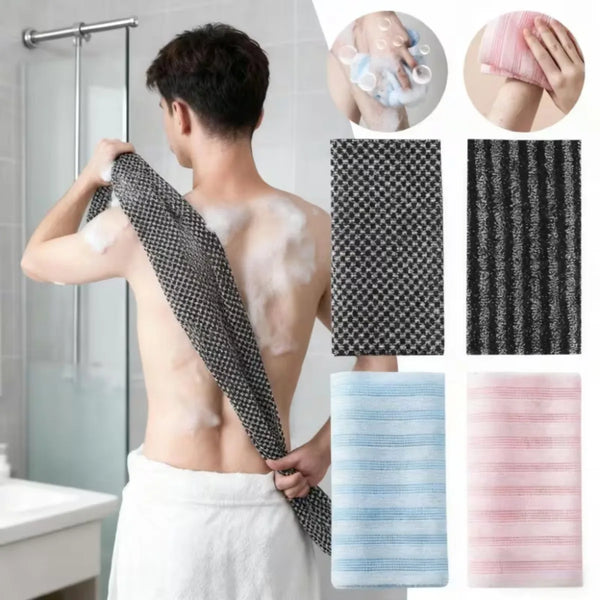 A person is using a Japanese exfoliating body scrubber loofah to cleanse their back in a shower.