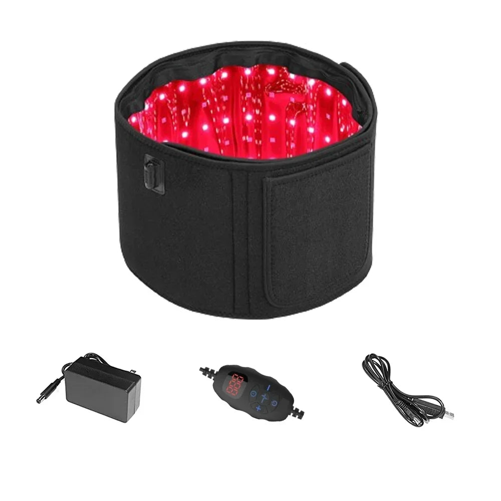 A black LED therapy belt with red lights is shown along with a separate device and power cord.