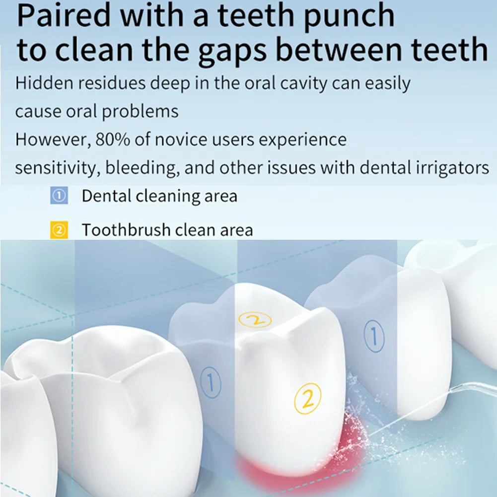 Close-up view of a white dental cleaning device being used to clean the gaps between teeth on a molar model.