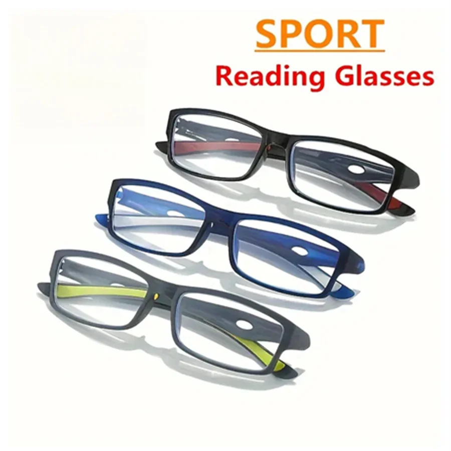 A set of rectangular anti-blue light reading glasses in black and blue frames are displayed on a white background.