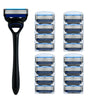 A black stainless steel safety razor with multiple replacement blades shown in various configurations.