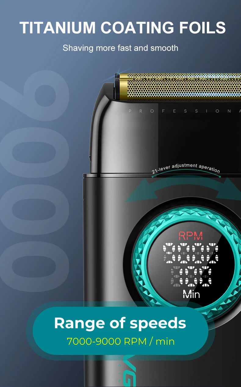 Close-up of a black electric trimmer with a titanium coating foil and an RPM display showing a range of speeds from 7000 to 9