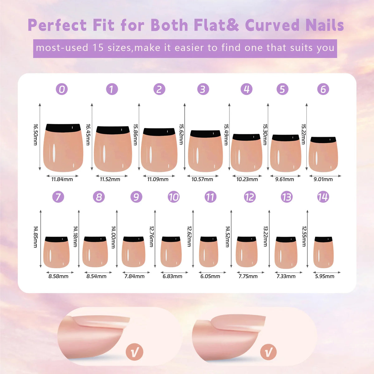 A set of 15 press-on nails in a rich coffee black color displayed with various sizes and angles.