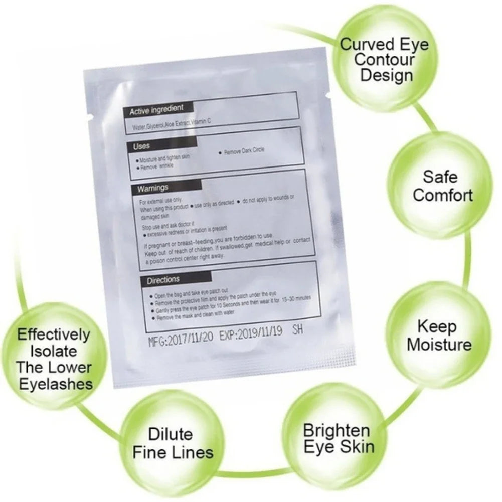 A package of under-eye lash application patches with various benefits listed around the product.