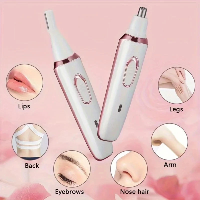 A 4-in-1 electric body hair remover and epilator device shown with various application areas like lips, legs, back, eyebrows,