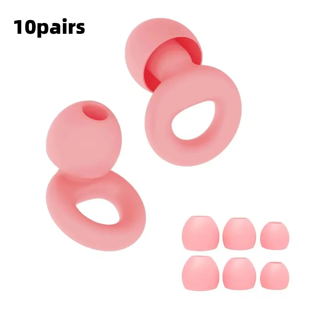 Dix paires de bouchons d'oreille en silicone rose, bruit-réducteurs, montrés à différentes étapes d'ouverture et de fermeture
