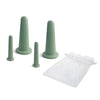 A set of three silicone facial cupping massage cones in a sage green color next to a clear plastic bag.