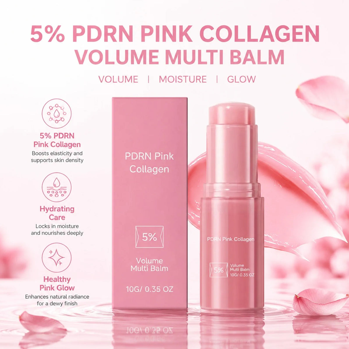 Rosa Kollagen-Volumen-Balsamstift in Glasgefäß mit rosa Box und umgebenden Rosenblüten.