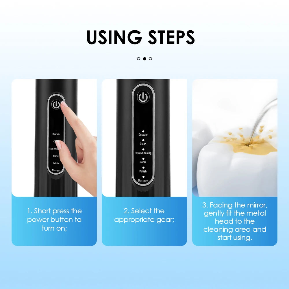 Three steps showing how to use a black sonic electric toothbrush with various cleaning modes.