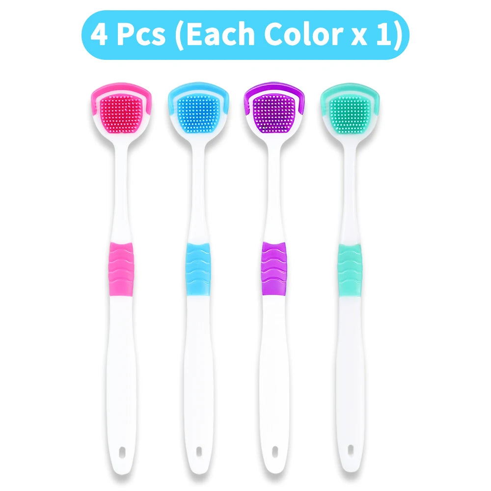 Four reusable tongue scrapers in various colors, including pink, blue, purple, and green.