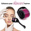 A woman is using a professional micro needling derma roller on her face, with the device shown separately.