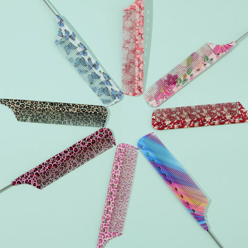 A collection of anti-static rat tail combs in various floral and patterned colors arranged in a circle.
