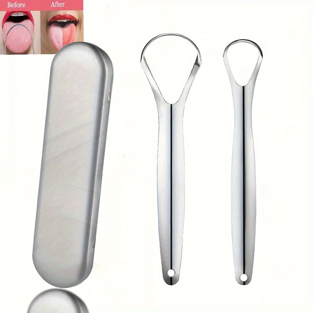 Un set de curettes en acier inoxydable montrant avant et après pour l'hygiène buccale.