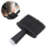 A black soft bristle hair duster brush shown with a close-up of the bristles and the handle.