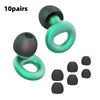 Dix paires de bouchons d'oreille en silicone anti-bruit, dans diverses nuances de vert et de noir.