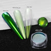 A set of holographic chrome nail glitter powders shown in various shades and bases, including a black base, green, and clear 