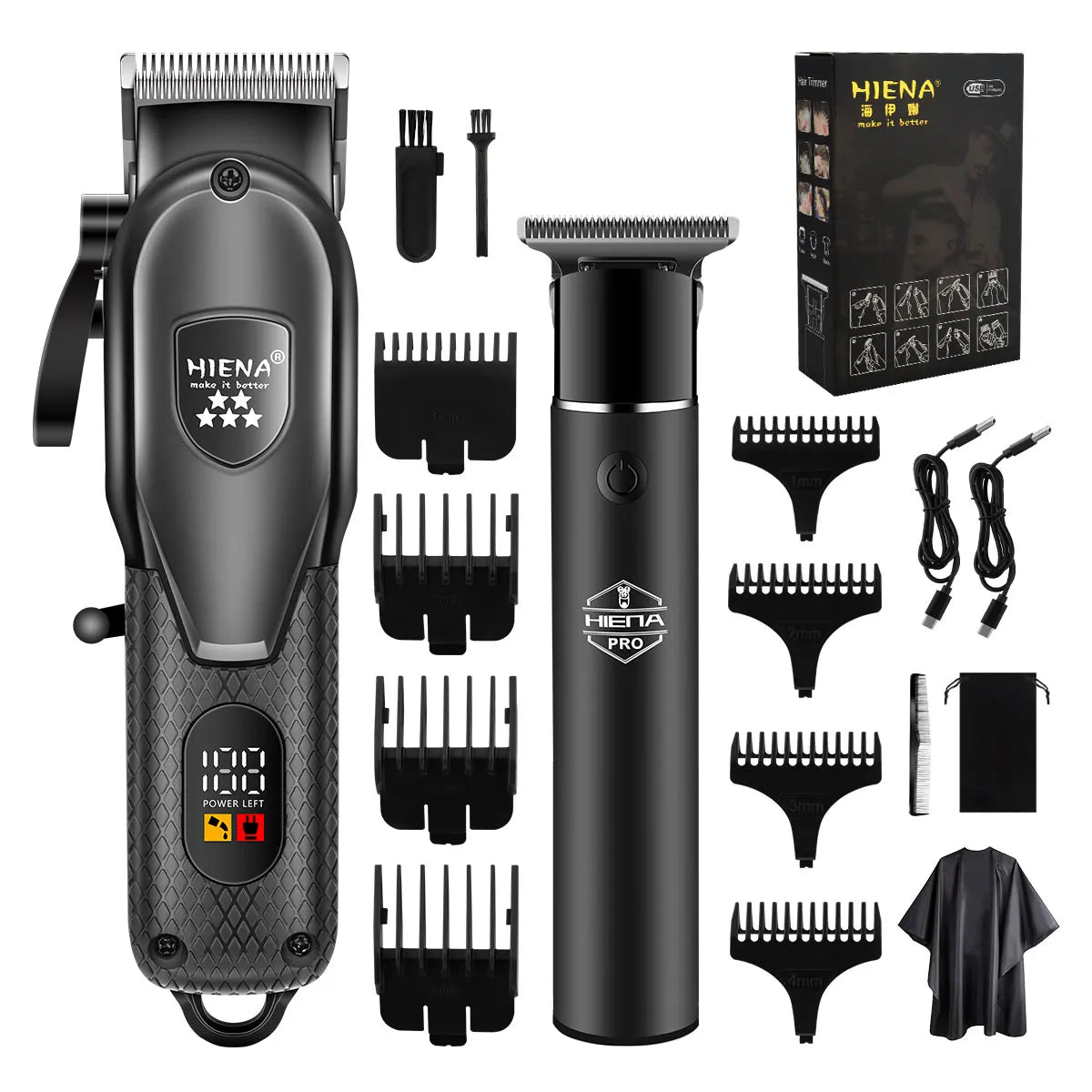 A black professional electric hair trimmer kit showing various attachments and the main unit.