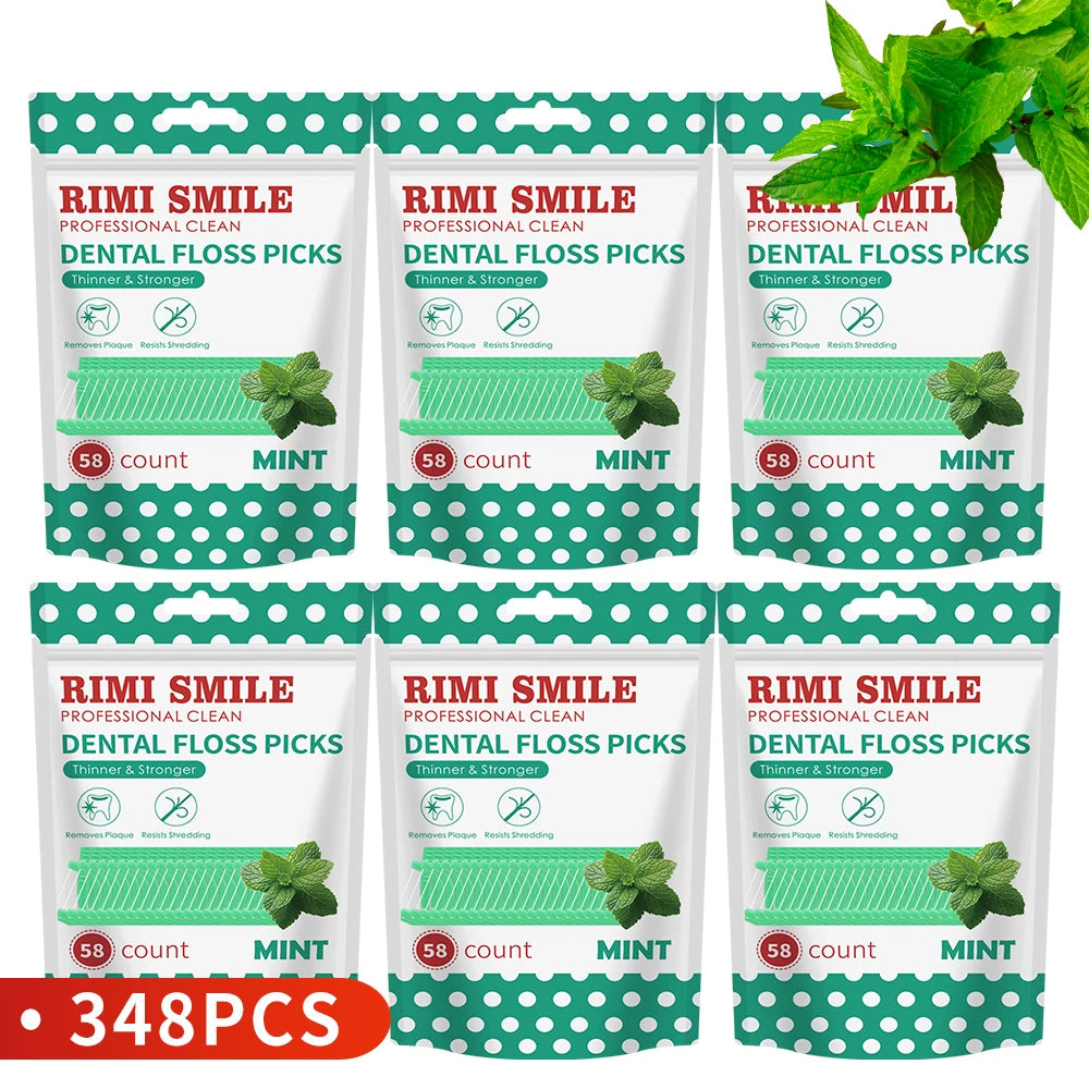 Pack of three Rimi Smile dental floss picks in mint flavor with a green and white polka dot patterned case