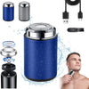 A compact electric beard trimmer is shown with various attachments and a main body in blue and silver tones.